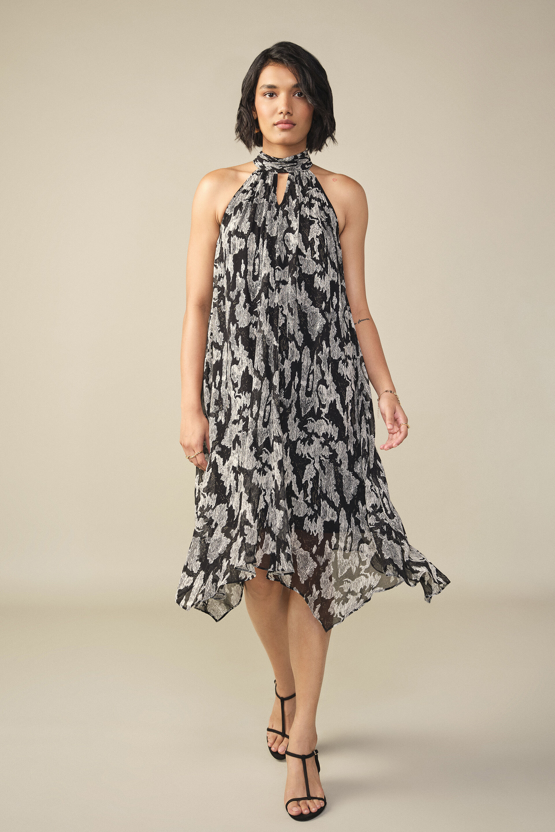 Floral Print Halter Neck Dress in Black